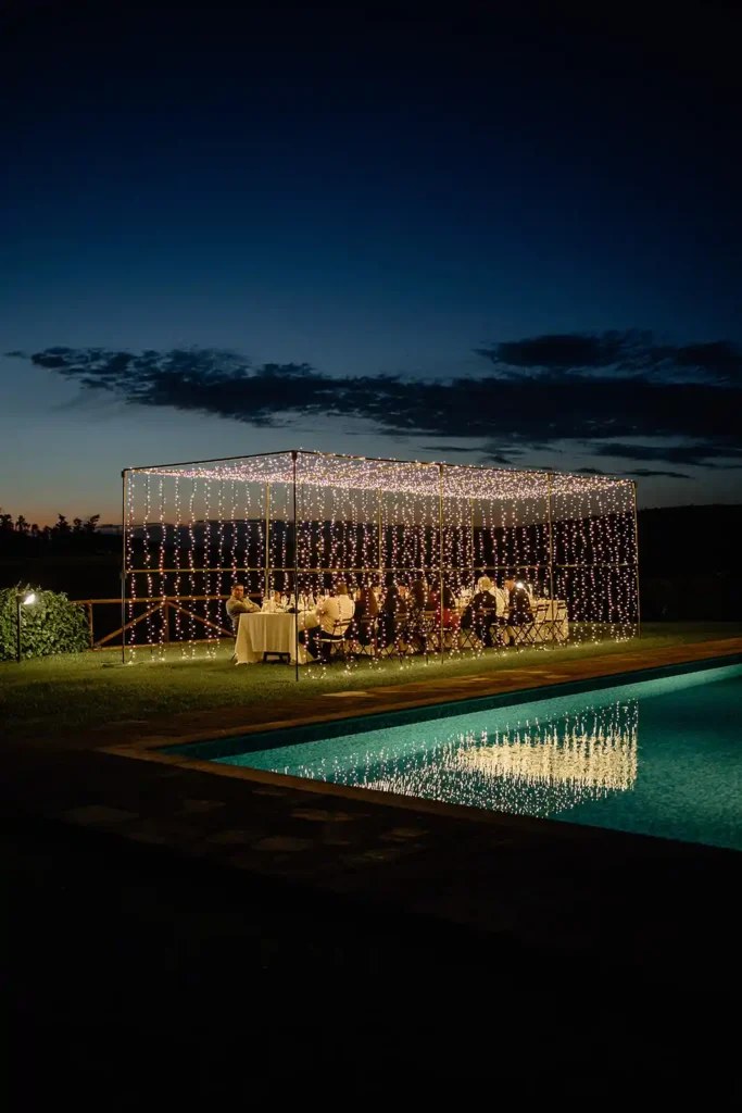 Cena romantica all'aperto con gazebo illuminato da luci festive e piscina al tramonto, ideale per eventi esclusivi